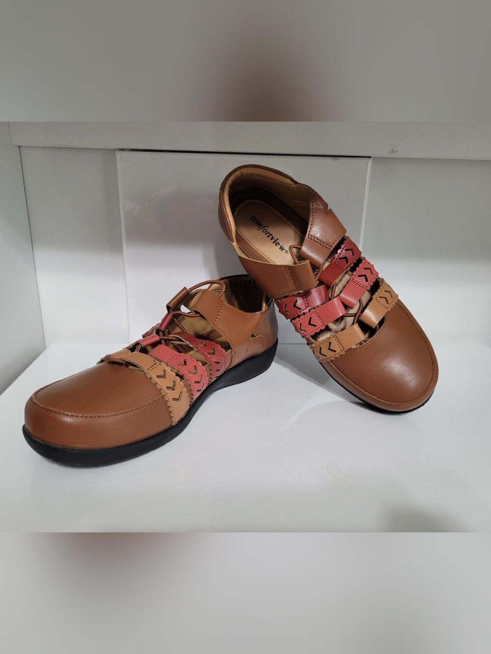 comfortview Brown Flats with Coral Strap Detail
